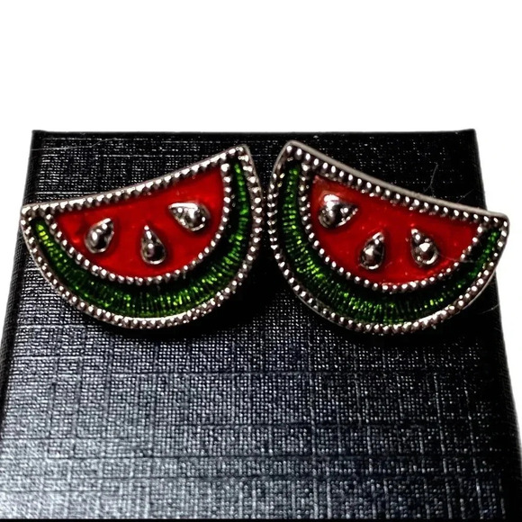 AVON Signed VINTAGE Watermelon Earrings Enamel Silver Tone Studs .75” - Picture 1 of 3